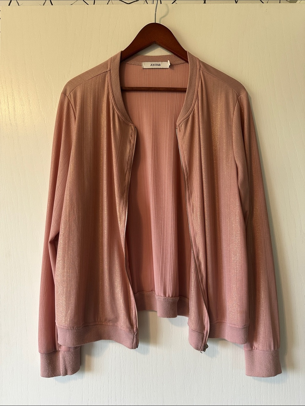 JustFab Dusty Rose Ribbed Bomber Jacket